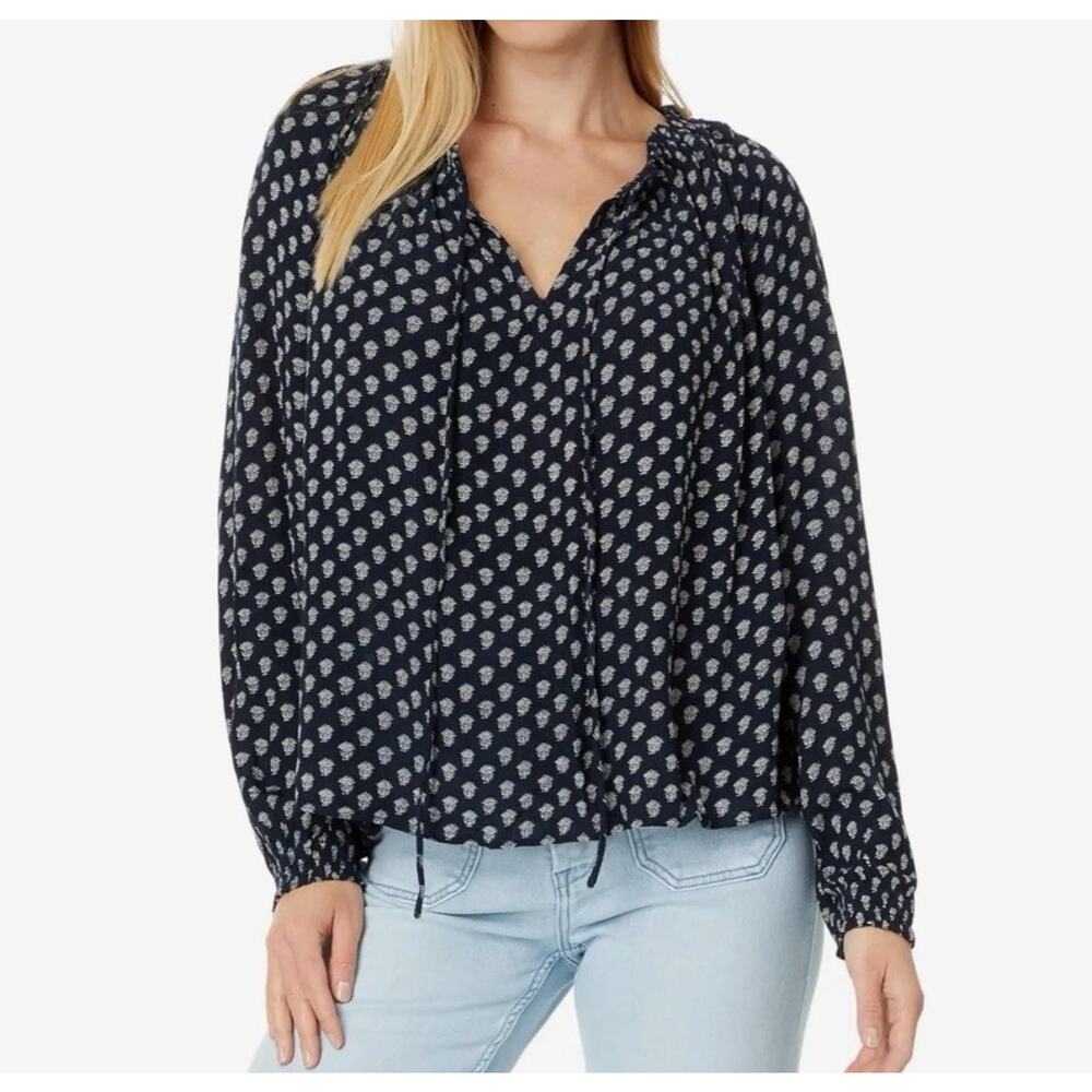 Faherty Blouse Womens Small Blue Floral Boho Peasant Top Long Sleeve Lightweight